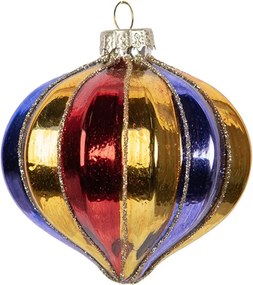 Zlatá sklenená ozdoba špicatá banka s farebnými pruhmi - Ø 8*8 cm