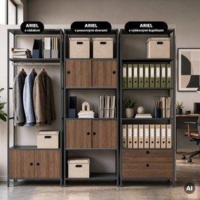 Kancelársky regál otvorený s tyčou na oblečenie, do recepcie a čakárne, kovový, antracitový/orech, 800x2200x400 mm: ARIEL Eco Design