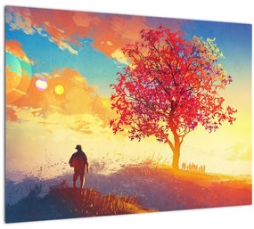 Sklenený obraz stromu na kopci (70x50 cm)