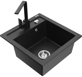 Mexen Vito, 1-komorový granitový drez 520x490x210 mm, čierna batéria Rita, čierna-strieborná metalíza, 6503-73-670300-70