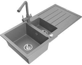 Mexen Andres, granitový drez 1000x500x200 mm, 1,5-komorový + šedá batéria Duero, šedá, 6515-71-671600-71