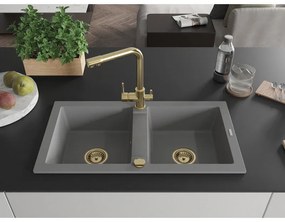 Mexen Mario, 2-komorový granitový drez 820x436x161 mm a chrómová drezová batéria Duero, šedá, 6504-71-671600-50