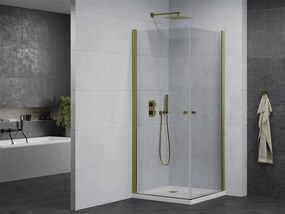 Mexen Pretoria Duo, sprchovací kút s 2-krídlovými dverami 90 (dvere) x 90 (dvere) cm, 6mm číre sklo, zlatý profil + slim sprchová vanička 5cm biela so zlatým sifónom, 852-090-090-50-02-4010G