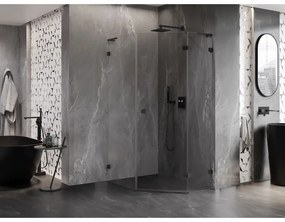 Mexen Lunar, L pravý výklopný päťuholníkový sprchový kút 80 x 90 cm, 8mm číre sklo, čierny profil, 831L-080P-090L-70-00-P