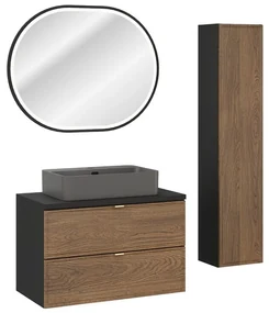 Koupelnová sestava s deskou, skříňkami, umyvadlem a zrcadlem Talia Casella 80 cm černý mat/dub casella