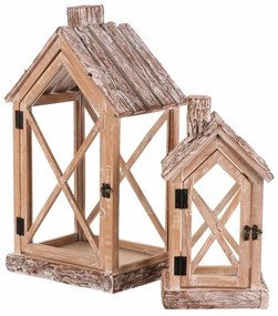 Súprava drevených lampášov v tvare domčeka, 2 ks