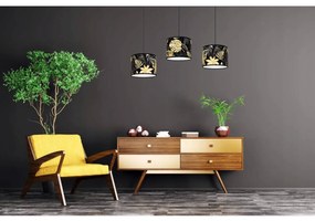 Závesné svietidlo Gold Flowers, 3x čierne textilné tienidlo s kvetinovým vzorom