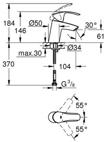 GROHE Eurosmart - Páková umývadlová batéria bez odtokovej garnitúry, veľkosť S, chróm 32467002