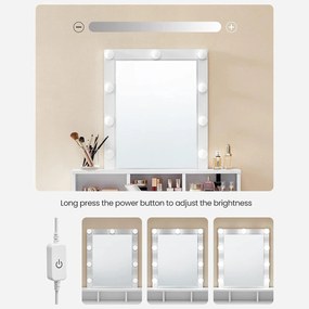 Toaletný stolík so zrkadlom a žiarovkami, 80 x 145 x 40 cm, biely