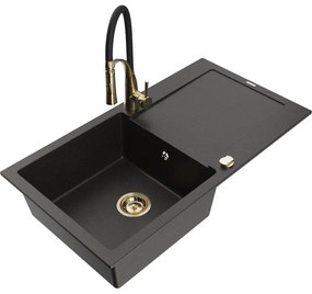 Mexen Leo, granitový drez 900x500x190 mm, 1-komorový a drezová batéria Aster, čierna-zlatá metalíza, 6501-75-73450-57-G