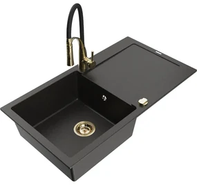 Mexen Leo, granitový drez 900x500x190 mm, 1-komorový a drezová batéria Aster, čierna-zlatá metalíza, 6501-75-73450-57-G