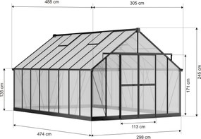 Skleník 245 x 305 x 488 cm, zosilnená konštrukcia, polykarbonát 6 mm