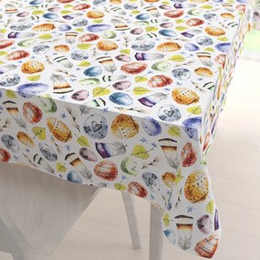 Biante Veľkonočný teflónový obdĺžnikový obrus TF-075 Farebné kraslice a pierka na bielom 120x140 cm
