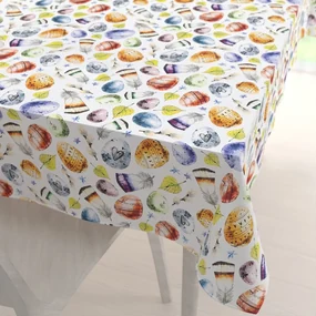 Biante Veľkonočný teflónový obdĺžnikový obrus TF-075 Farebné kraslice a pierka na bielom 80x120 cm