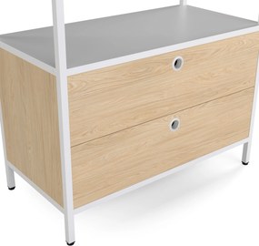 Regál so zásuvkami do kancelárie, na šanóny a dokumenty, otvorené police, kovový, biely/dub sonoma, 800x2200x400 mm: ARIEL Eco Design