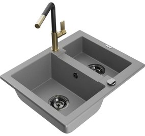 Mexen Carlos, 1,5-komorový granitový drez 582x475x177 mm a drezová batéria Flora, šedá, 6518-71-670401-57-B