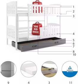 Poschodová posteľ KUBO 190x90 | biela - grafitová