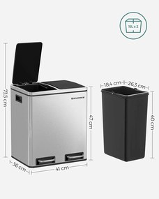 Kôš na selektívny odpad 30 L, kuchynský odpadkový kôš 2 x 15 litrov, strieborný