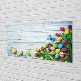 Sklenený obraz Eggs tulipány motýľ 125x50 cm
