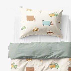 Goldea detské bavlnené obliečky duo - svet autíčok so šalviovo zelenou 150 x 200 a 50 x 60 cm