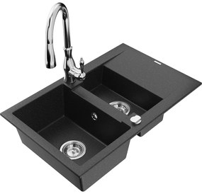 Mexen Gaspar, 1,5-komorový granitový drez 737x475x177 mm a drezová batéria Savita, čierna-strieborná metalíza, 6507-73-672601-00