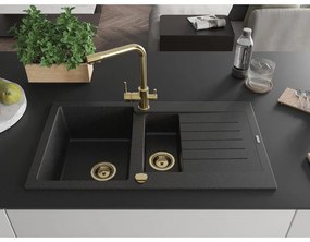 Mexen Matias, granitový drez 900x505x200 mm, 1,5-komorový a zlatá batéria Duero, čierna-strieborná metalíza, 6502-73-671600-50
