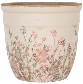 Béžový antik keramický obal na kvetináč s ružovo-zelenými kvetmi L - Ø 18*17 cm