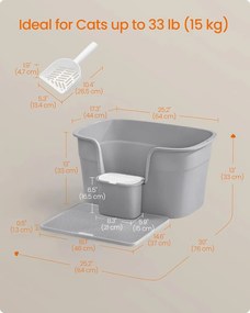 Extra veľká mačacia toaleta s vysokými bočnicami a mriežkou, sivá