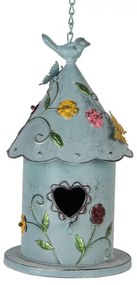 Modrá závesná kovová dekorácia vtáčia búdka s kvetmi - 16*19*29 cm