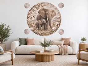 Slonica s mláďaťom medzi magnóliami safari kruhové nálepky na stenu do obývačky arch 46 x 46 cm