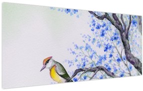 Obraz - Vtáčik na strome s modrými kvetmi (120x50 cm)