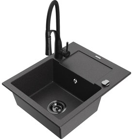 Mexen Enzo, 1-komorový granitový drez 576x465x174 mm a drezová batéria Aster, čierna škvrnitá, 6506-76-73450-70-B