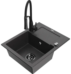 Mexen Enzo, 1-komorový granitový drez 576x465x174 mm a drezová batéria Aster, čierna škvrnitá, 6506-76-73450-70-B