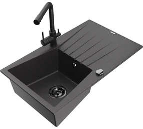 Mexen Cesar, granitový drez 775x470x190 mm, 1-komorový a čierna matná batéria Duero, čierna škvrnitá, 6514-76-671600-70-B