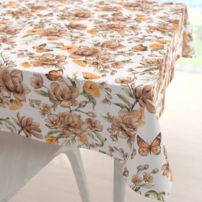 Biante Bavlnený štvorcový obrus Sandra SA-458 Hnedé kvety magnólie s motýlikmi na bielom 130x130 cm