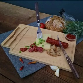 AMADEA Drevená doštička na steak s príborom a sklenenou miskou, masívne drevo, 36x23x2 cm