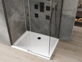 Mexen Omega, sprchovací kút s posuvnými dverami 110 (dvere) x 70 (stena) cm, 8mm číre sklo, čierny profil + slim sprchová vanička biela s čiernym sifónom, 825-110-070-70-00-4010B
