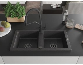 Mexen Mario, granitový drez 820x436x161 mm, 2-komorový a drezová batéria Duo, čierna škvrnitá, 6504-76-671701-70-B