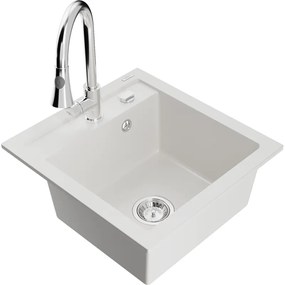 Mexen Vito, 1-komorový granitový drez 490x520x210 mm a drezová batéria Elia, biela, 6503-20-670101-00