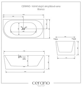 Cerano Bianco, akrylátová voľne stojaca akrylátová vaňa 170x80 cm, pravá, biela, CER-CER-413603