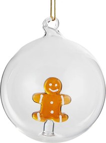 HANG ON Sklenená guľa perníkový mužíček 9 cm - číra