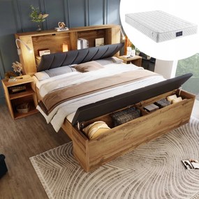 Dvojlôžková posteľ s nočnými stolíkmi a poličkou Lampa 160x200 cm dub matrac