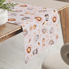Biante Detský bavlnený behúň na stôl Sandra SA-658 Africké zvieratká na ružových obláčikoch na bielom 20x120 cm