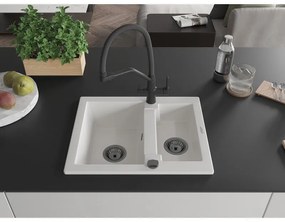 Mexen Carlos, 1,5-komorový granitový drez 582x475x177 mm a drezová batéria Duo, biela, 6518-20-671701-70-B