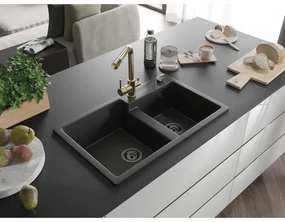 Mexen Tomas, granitový drez 800x500x190 mm, 2-komorový a zlatá batéria Duero, čierna, 6516-77-671600-50-B