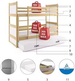3-lôžková poschodová posteľ RICO so zásuvkou, prírodná/biela