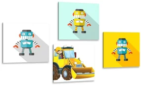Set obrazov roboti so žltým autom