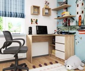 Rohový PC stolík Bodhi  (dub sonoma + biely lesk) (P). Vlastná spoľahlivá doprava až k Vám domov. 1069689