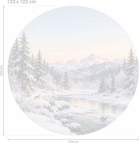 Líška pri zamrznutej rieke zimná kruhová akvarelová dekorácia so zasneženým lesom na stenu do obývačky arch 46 x 46 cm