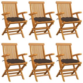 Záhradné stoličky so sivohnedými podložkami 6 ks tíkový masív